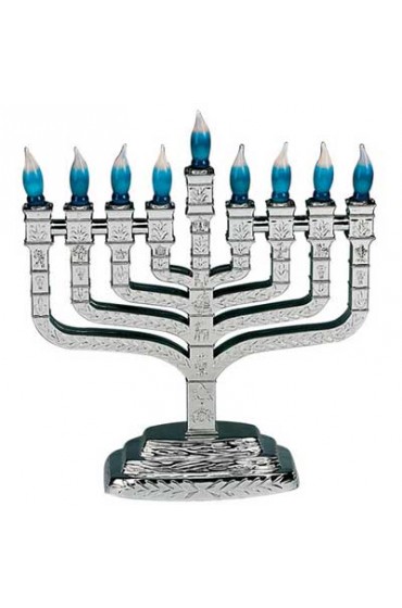 Silvertone Plastic Electric Knesset Menorah with the Symbols of the Twelve Tribes - Blue Bulbs