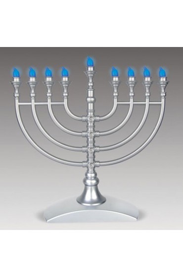 Traditional Silver LED Battery Menorah with Silver Crystal-Flake Finish