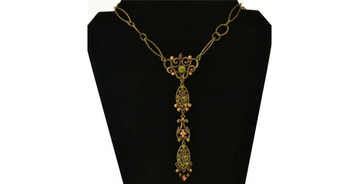 Bronse Finish Necklace with Green and Orange Stones