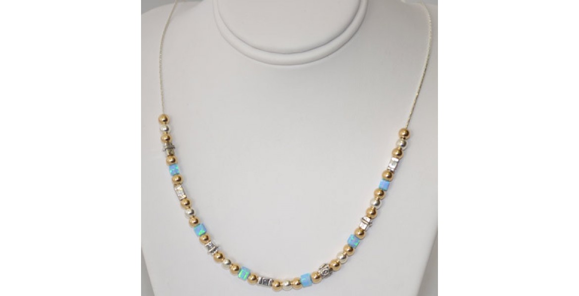 Gold, Silver and Blue Beaded Necklace