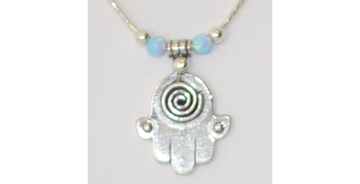 Silver Hamsa With Blue and Silver Beads Necklace