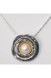 Silver Necklace with Silver Flower and Pearl Inset