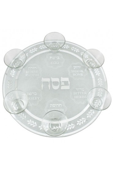 Glass Seder Plate With 6 Glass Cups