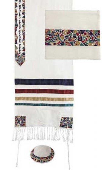 Embroidered Raw Silk Tallit - Magen David Colors