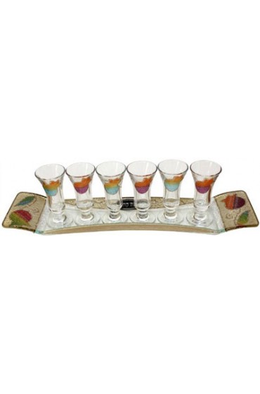 Lily Art 6 Cup Glass Liquor Set and Tray - Rainbow Pomegranate Theme