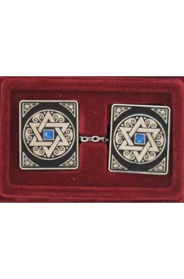 Square Star of David Tallit Clips with Floral Patterns and Blue Stone