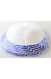 White with Blue Border Pattern Knitted Kippah