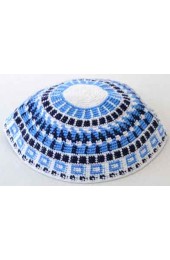 White with Blue and Black Design Knitted Kippah