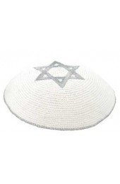 White and Silver Star of David Knitted Kippah