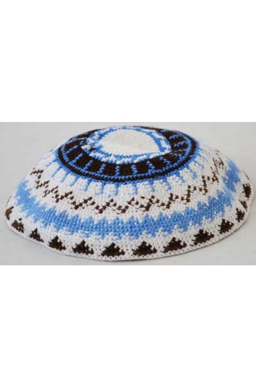 Blue, White, and Brown Design Knitted Kippah