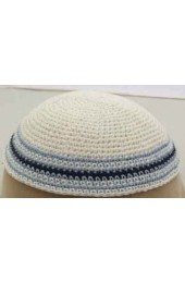 White Knitted Kippah with Blue and Black Stripes