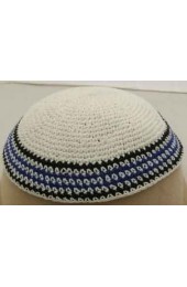 White Knitted Kippah with Blue and Black Border