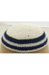 White Knitted Kippah with Blue Stripes