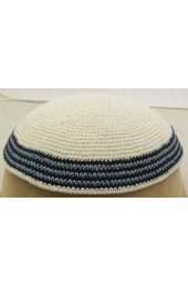 White Knitted Kippah with Blue and Black Striped Border