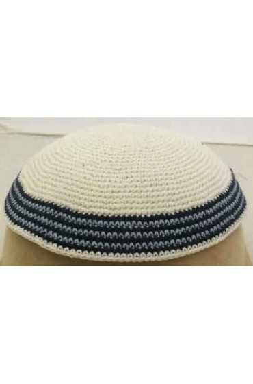 White Knitted Kippah with Blue and Black Striped Border