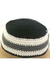 Black Knitted Kippah with White and Gray Stripes