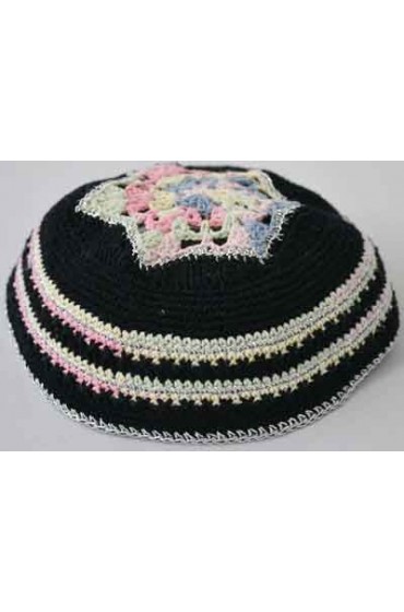Black Multicolor Design Knitted Kippah