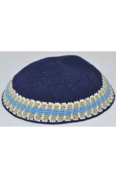 Blue Knitted Kippah with Brown, Green, and White Border Stripe