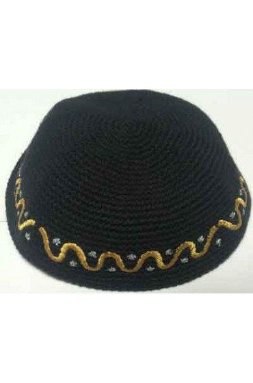 Brown Knitted Kippah with Golden Waves