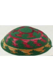 Green Knitted Kippah with Red, Pink, and Orange Design