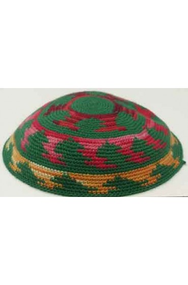 Green Knitted Kippah with Red, Pink, and Orange Design
