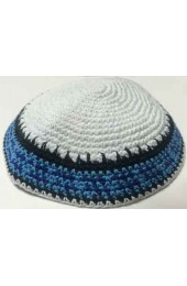 White Knitted Kippah with Blue and Black Stripe