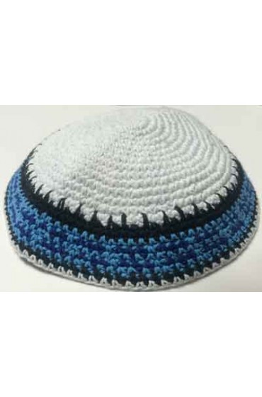 White Knitted Kippah with Blue and Black Stripe