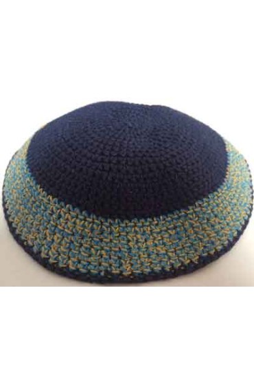 Blue Knitted Kippah with Light Blue and Yellow Border