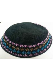 Black Knitted Kippah with Pink, Brown, and Blue Border