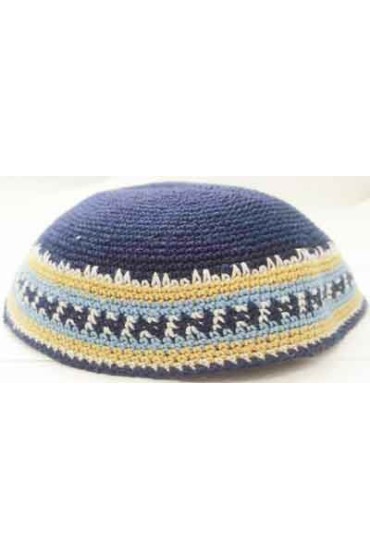Blue Knitted Kippah with Colorful Border