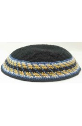 Black Knitted Kippah with Yellow, Blue, and White Border Design