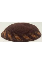 Brown Knitted Kippah with Orange and Light Brown Stripes