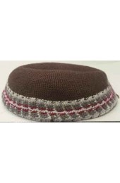 Brown Knitted Kippah with Red, Grey, and White Border Design