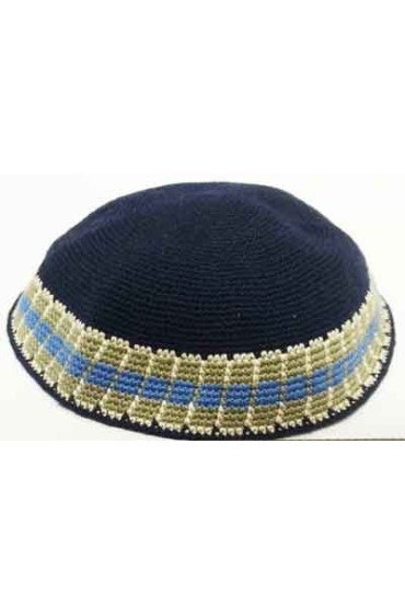 Blue Knitted Kippah with Green and Blue Border