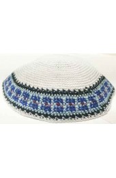 White Knitted Kippah with Blue and Black Border Design 