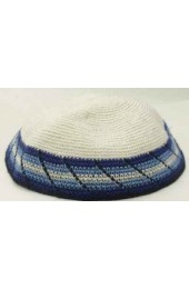 White Knitted Kippah with Blue and White Border Design