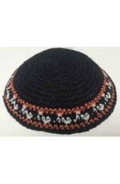 Black Knitted Kippah with Orange and White Stripes