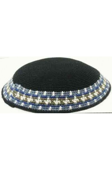 Black Knitted Kippah with Blue and White Border
