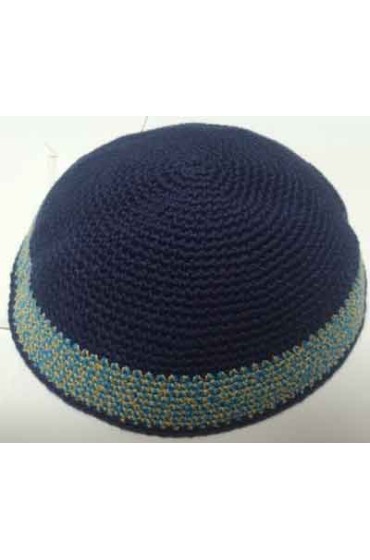 Blue Knitted Kippah with Light Blue and Yellow Stripe