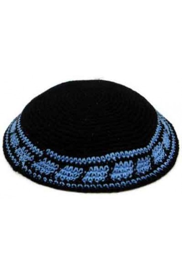 Black Knitted Kippah with Blue Stripe